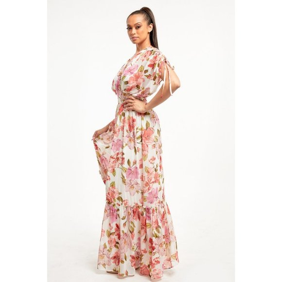 MAXI DRESS FLORAL CHIFFON RUCHED SLEEVE - Picture 2 of 4